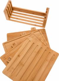 Bamboo Index Cutting Board Set - 4 Piece All Natural Wood Chopping Board with Stand